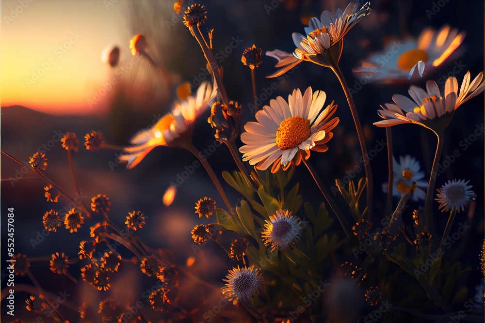 Poster a field of daisies with the sun setting in the background, creating a beautiful and peaceful atmosph