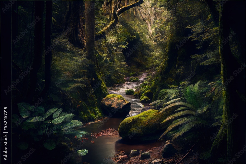 Aufkleber a stream running through a lush green forest filled with trees and ferns. generative ai