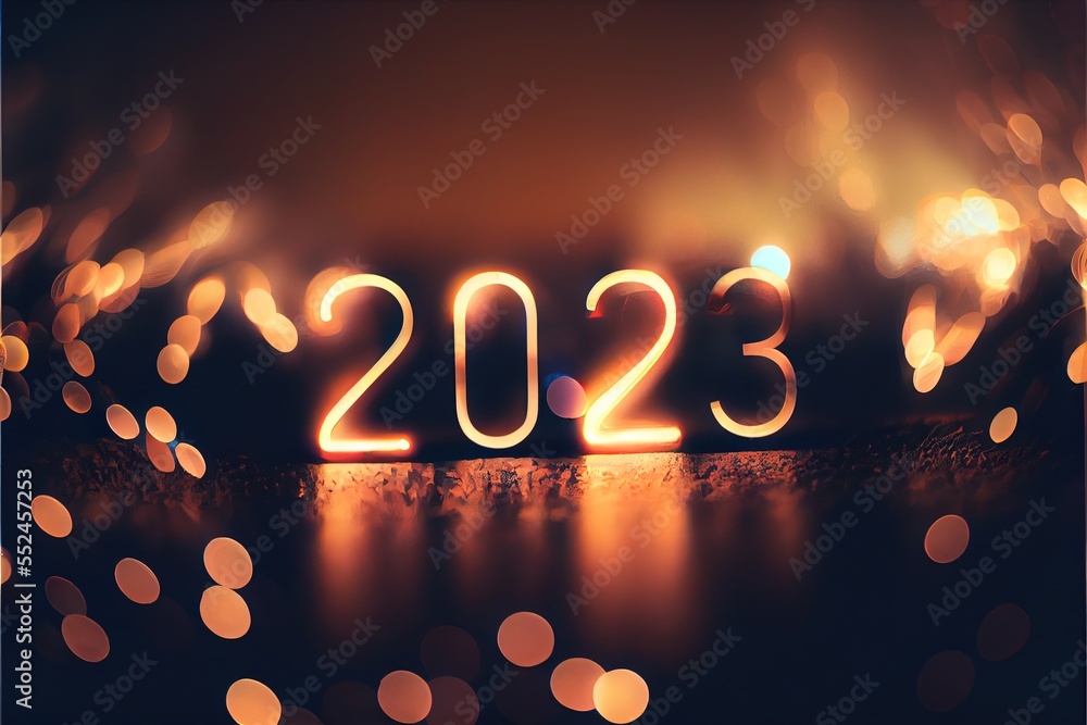 Poster a number that is lit up in the dark with lights around it and a blurry background behind it. generat