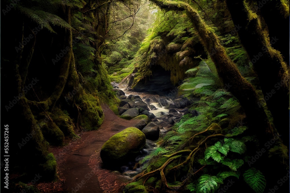 Aufkleber a path through a lush green forest filled with trees and rocks and a stream running through it's sid