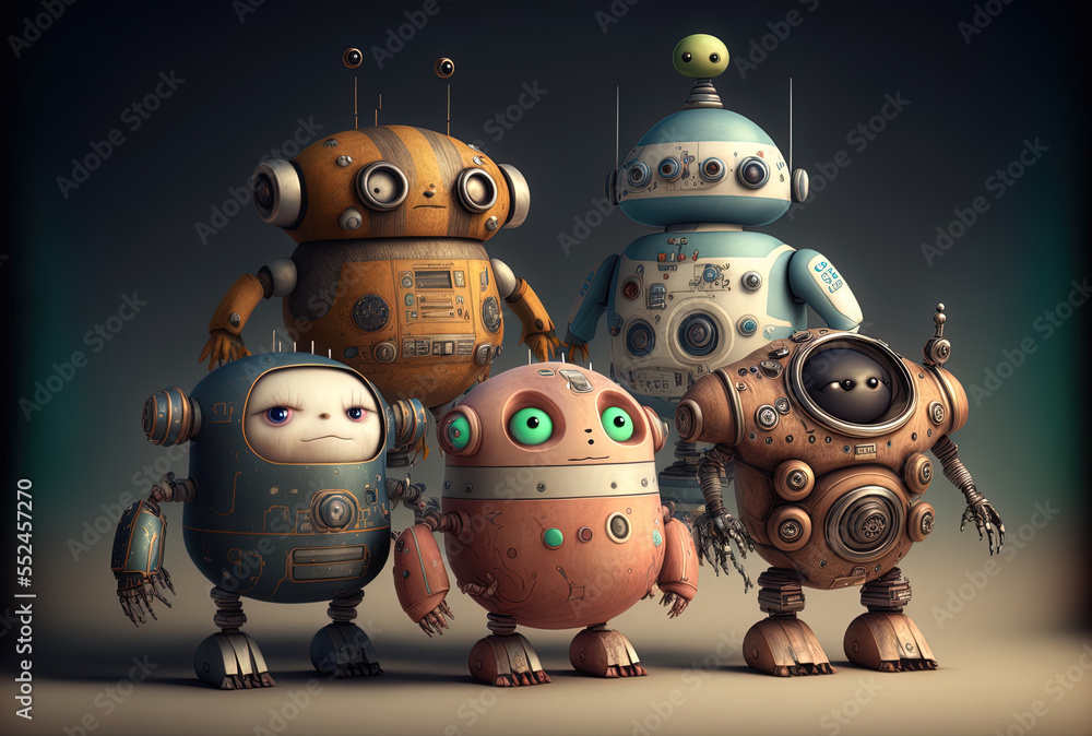Poster a group of adorable artificially intelligent robots featuring cartoon characters. generative ai