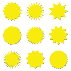Starburst yellow sticker set - collection of special offer sale round shaped sunburst labels and badges isolated on white background. Circle stickers or buttons in form of star for promo advertising.