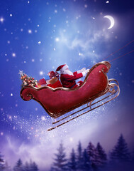 Merry christmas and happy new year greeting card with copy-space. Winter christmas night landscape.Santa and his sleigh flying over snowy landscape - obrazy, fototapety, plakaty