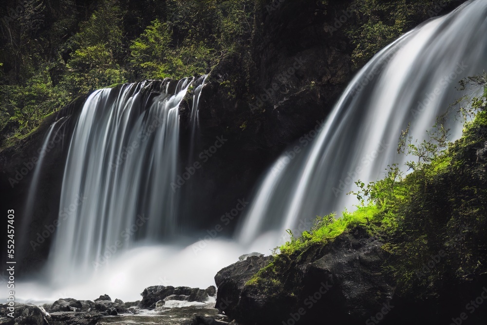 Aufkleber a waterfall with a waterfall cascading over rocks and trees in the background. generative ai