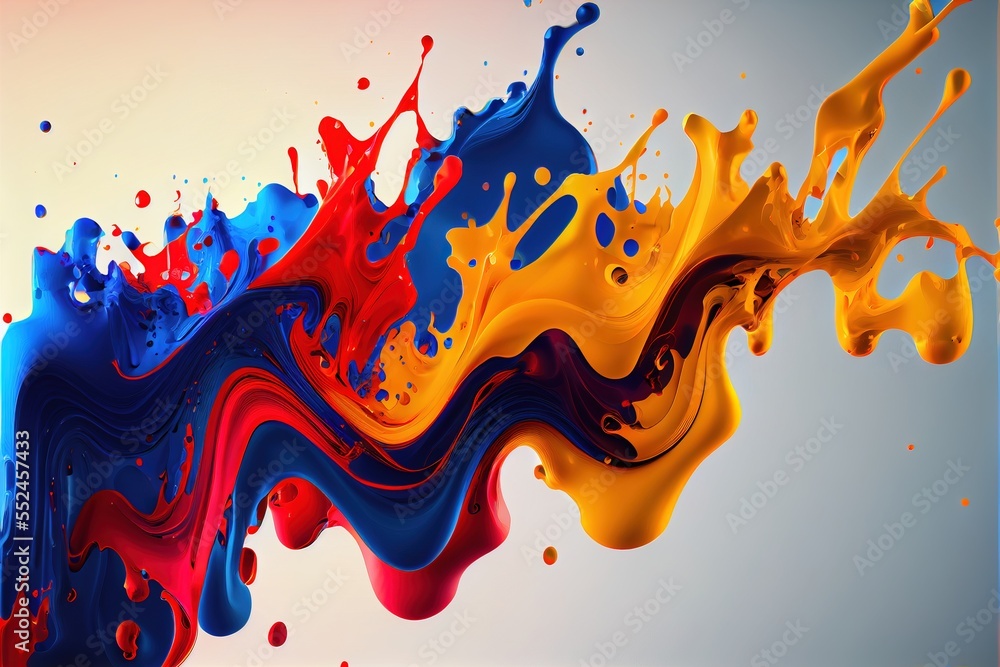 Poster a colorful liquid splash with a white background and a blue sky in the background with a red. genera