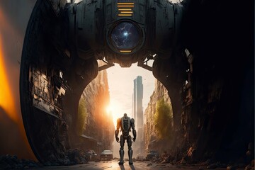 Futuristic city landscape with portal and human soldier in cyborg mecha suit