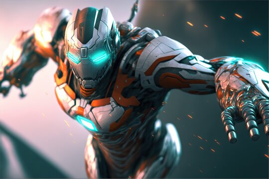 Man cyborg super hero action pose in battle
