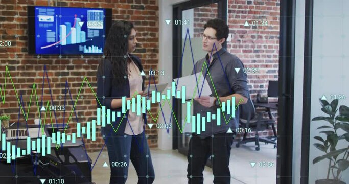 Animation of data processing over diverse business people in office