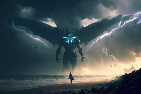 Giant dark neon angel nephilim creature with wings in the ocean. Sci-fi concept art.