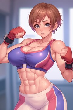 Anime character: Boxing fighter with short pixie cut hair. Tight spandex outfit on curvy body with muscles. Digitally generated character design.