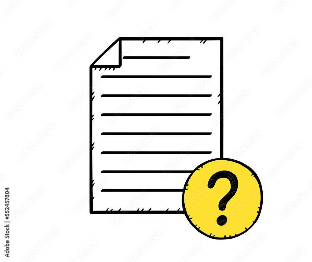 Poster graphic showing document with question mark sign on it. illustration in cartoon style with black out