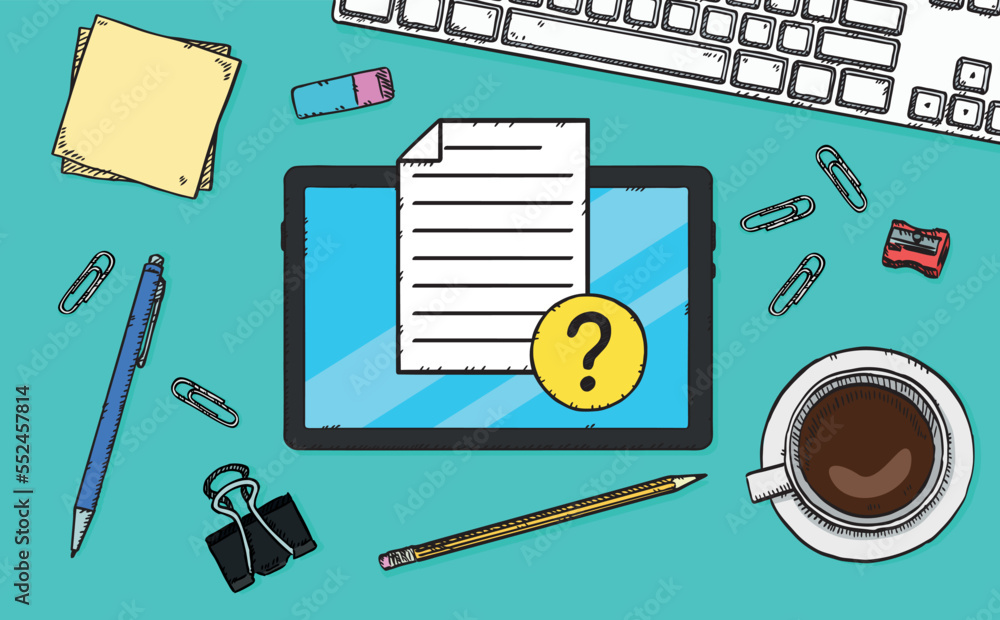 Aufkleber vector illustration of a tablet located on an office desk. the tablet screen displays a document tha