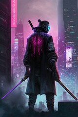 Back view of samurai warrior in futuristic cyberpunk big city