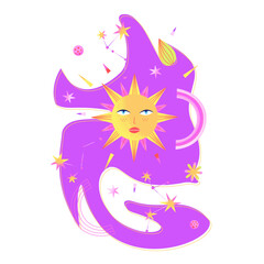 Astrological space psychedelic composition with sun, stars, constellations, abstract shapes and purple abstract background blot. Contemporary Art. Cover of notebook, print on t-shirt, poster, sticker