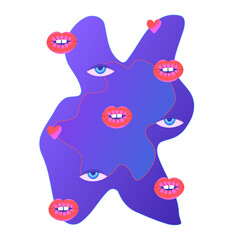Colorful psychedelic composition with lips, eyes, hearts and wavy blue background. Contemporary Art. Abstract design. Cover of notebook, print on t-shirt, poster, sticker