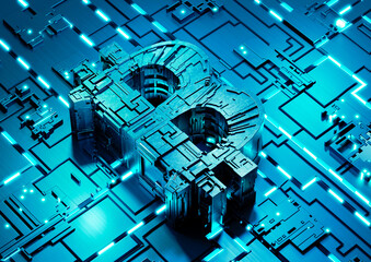 Mechanical Bitcoin symbol on futuristic motherboard with neon lights. Cryptocurrency, mining and digital money security concept