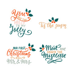 Obraz na płótnie Canvas Tis the season. Meet me under the mistletoe. Mr Mrs. Romantic Christmas winter holiday quote. Hand lettering.