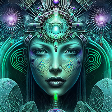 psychedelic woman full face portrait looking straight into camera, neural network generated art