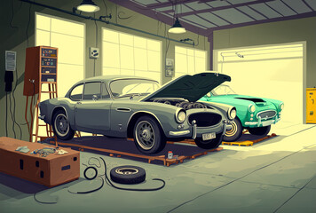 Fototapeta na wymiar At a garage repair shop, two automobiles are being lifted for maintenance. Generative AI