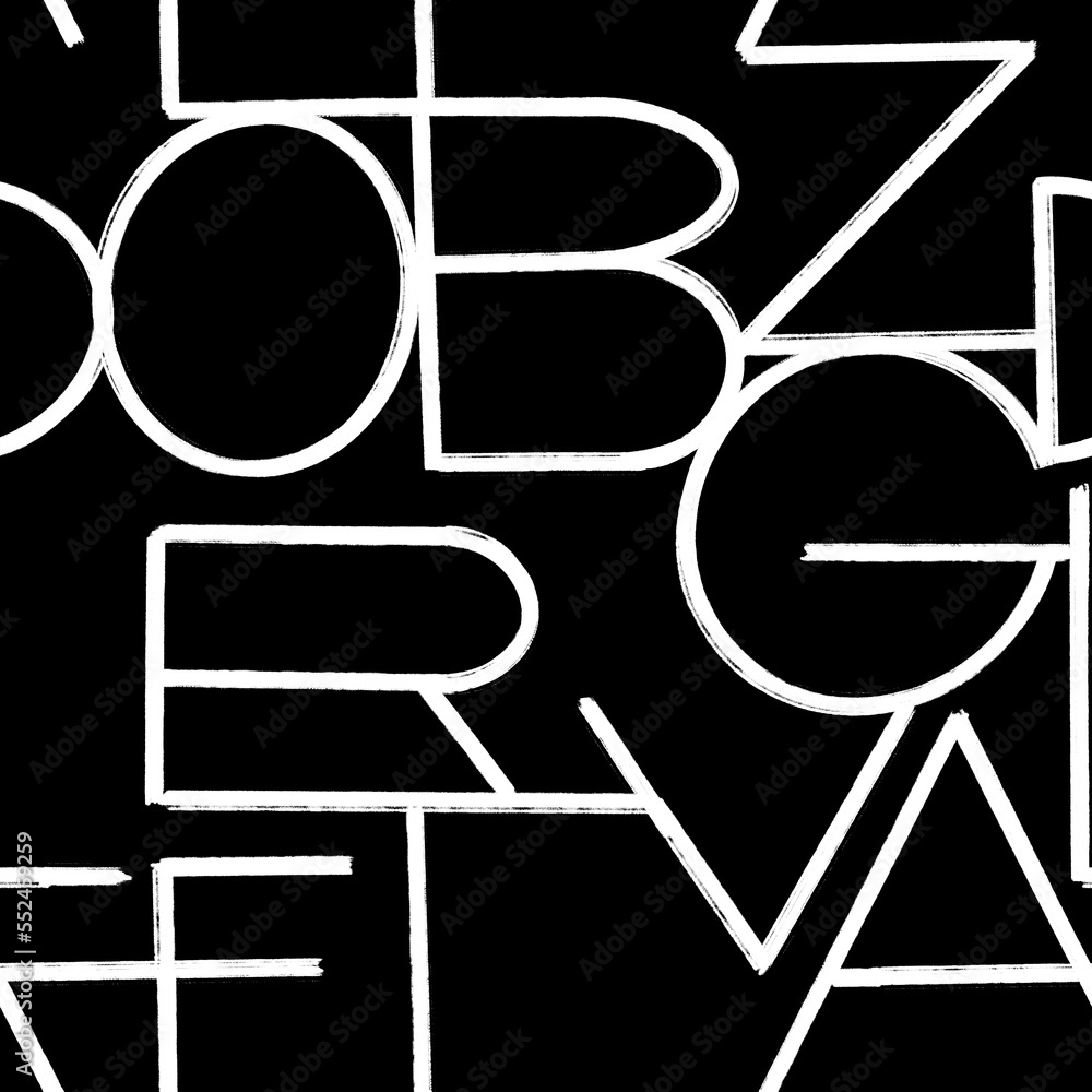 Fototapete seamless pattern with hand drawn letters. black and white alphabet written with a brush. handwritten