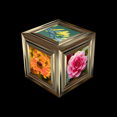 Golden 3D photo cube with flower pictures isolated on black background