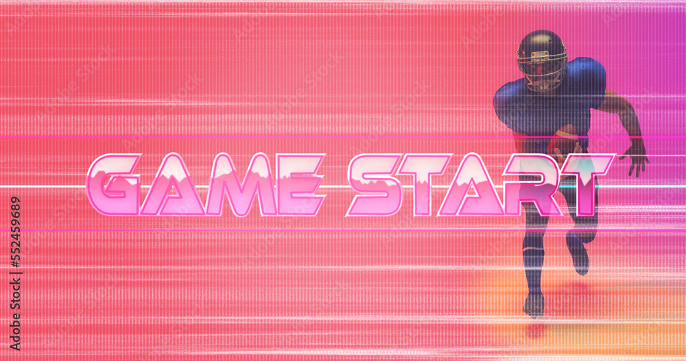 Poster composite of game start text with glitch technique and american football player with ball