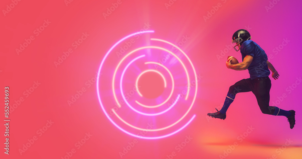 Poster illuminated circular structure and american football player with ball running on pink background