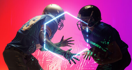 American football players wearing helmets standing face to face by illuminated hexagon and plants