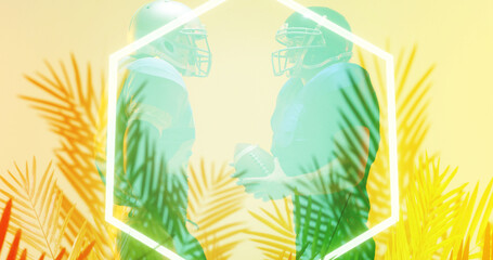 Fototapeta na wymiar Composite of american football players wearing helmets with ball by illuminated hexagon and plants