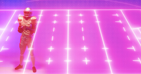 Composite of illuminated american football field and player with ball standing over pink background
