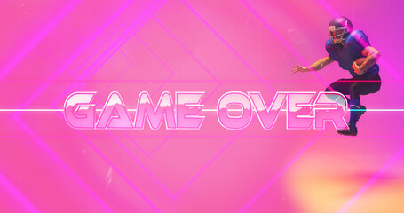 Composite of game over text with stripes and american football player with ball on pink background