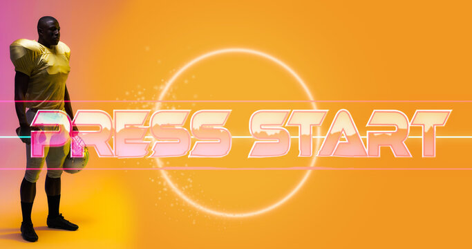 Composite of press start text and circle with american football player holding helmet, copy space - Powered by Adobe