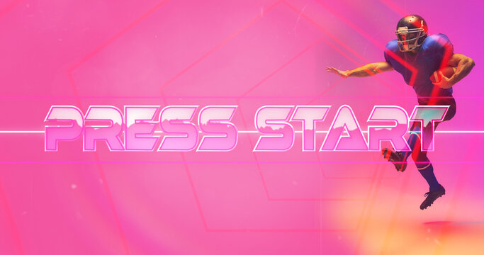 Composite of press start text with lines and american football player with ball on pink background - Powered by Adobe
