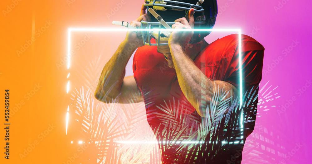 Poster composite of american football player removing helmet while standing by illuminated square and plant