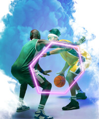 African american basketball players dribbling ball by illuminated hexagon on blue smoky background