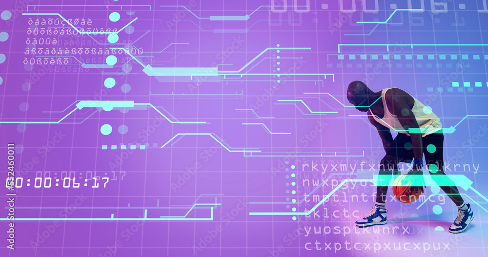 Poster african american bald basketball player with ball standing on grid pattern with computer language