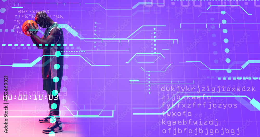 Poster bald african american basketball player with ball standing on grid pattern with computer language