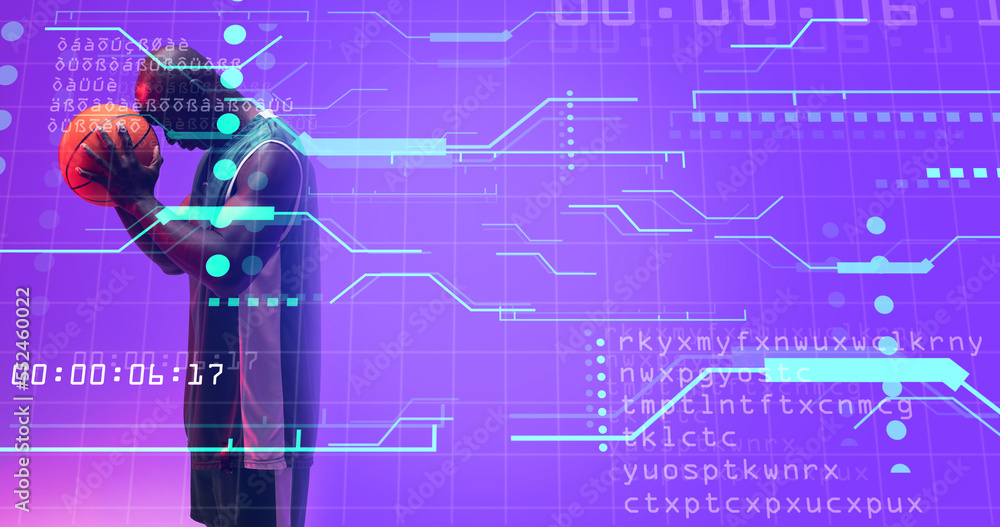 Poster bald african american player holding basketball standing on grid pattern with computer language