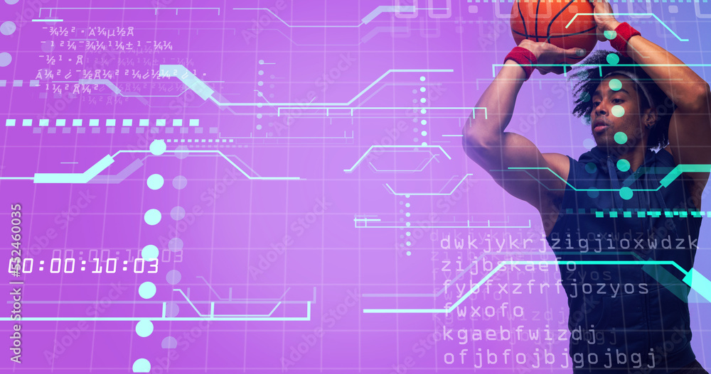 Poster biracial basketball player taking shot with ball over illuminated grid pattern and computer language