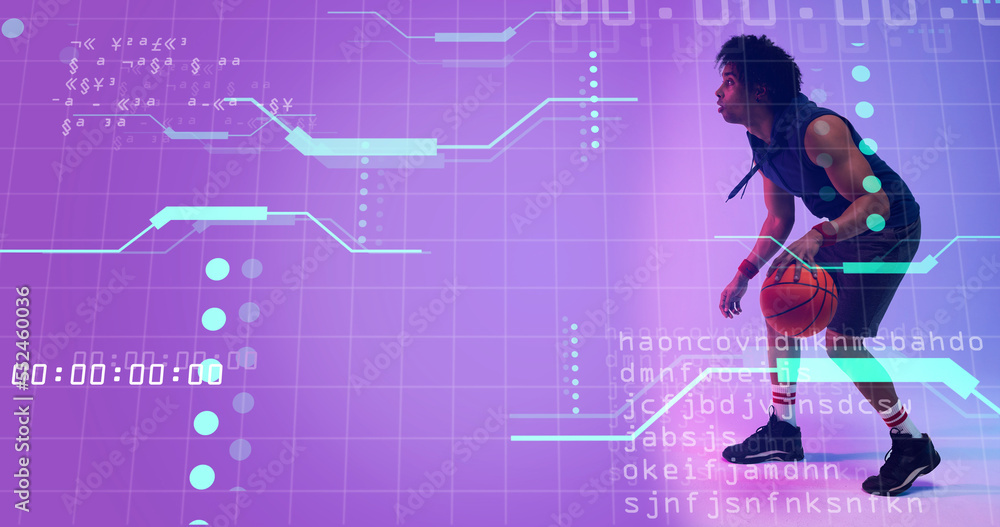 Poster biracial basketball player dribbling ball over illuminated grid pattern and computer language