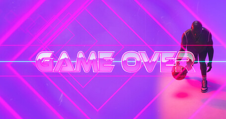 Composite of game over text with pink lines and bald african american player dribbling basketball