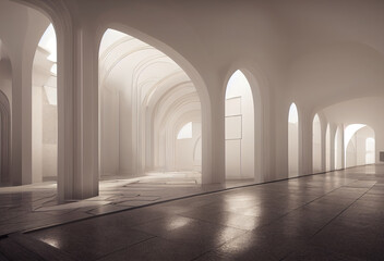 Architecture interior background empty arched pass. Generative AI illustration.