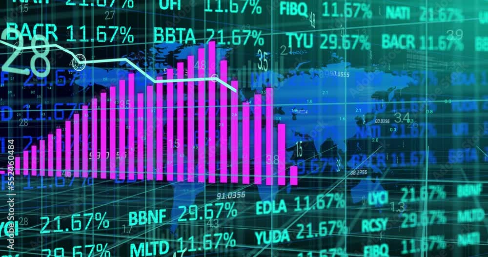 Poster animation of pink and blue graphs with world map and processing data over grid on black background