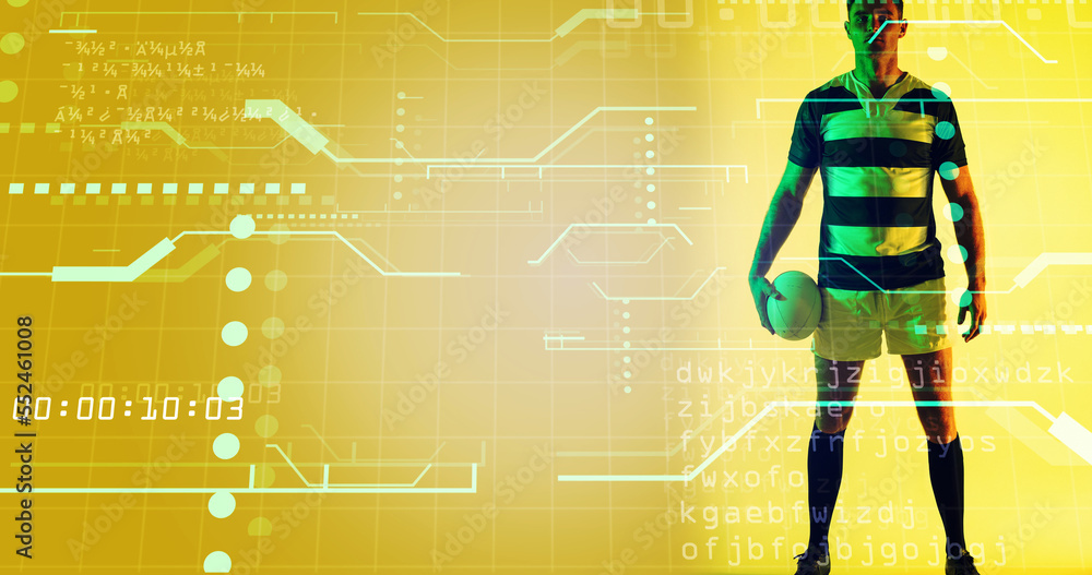 Poster caucasian rugby player with ball standing over computer language, grid pattern, dots and lines