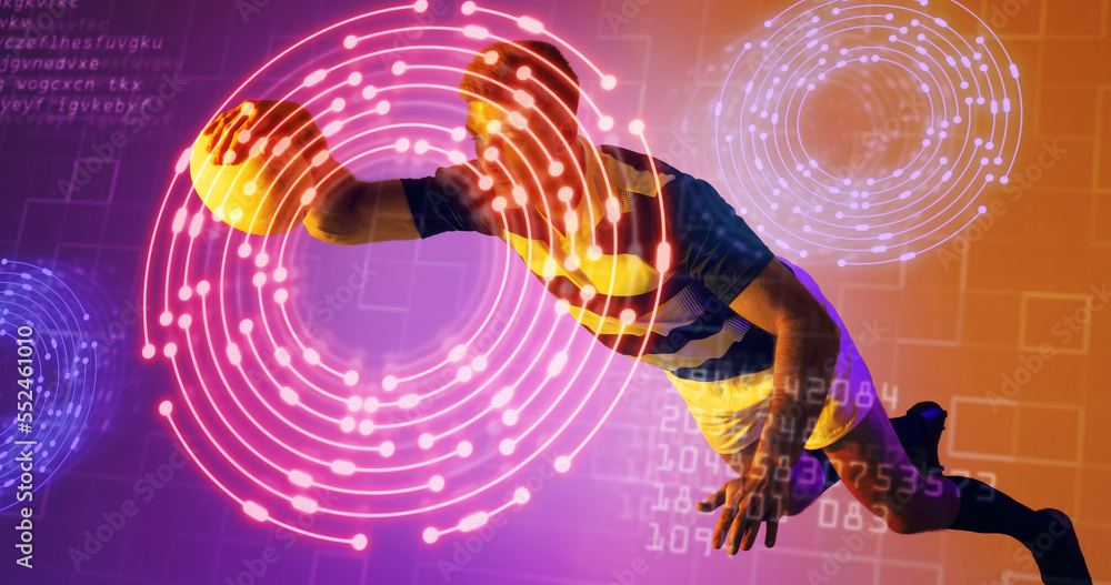 Aufkleber caucasian rugby player with ball jumping over computer language, grid pattern and circles