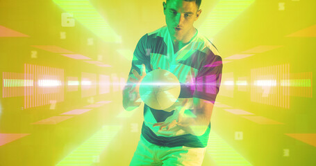 Caucasian rugby player throwing ball over illuminated rays and abstract shapes on yellow background