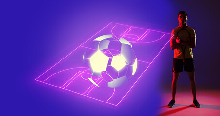 Digital composite image of young caucasian player with illuminated neon soccer field, copy space