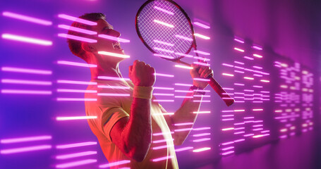 Composite of young caucasian tennis player celebrating success with neon striped pattern, copy space