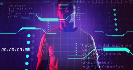 Caucasian young sportsman with neon computer circuit design in background, copy space