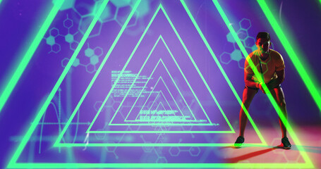 Composite of sportsman with green neon and geometric shape with molecular structures